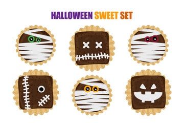 A fun Halloween-themed chocolate cookie dessert set featuring ghosts, pumpkins, spiders, eyeballs, mummies, and monsters. Perfect for seasonal food, parties, and decorations. Vector illustration.
