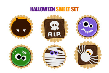 A fun Halloween-themed chocolate cookie dessert set featuring ghosts, pumpkins, spiders, eyeballs, mummies, and monsters. Perfect for seasonal food, parties, and decorations. Vector illustration.
