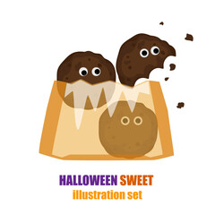 Funny Halloween Chocolate Cookies Decorated with Bitten Cartoon Eyes in Yellow Plastic Candy Bag. Cute and adorable design. Perfect for spooky holiday treats and a festival vector illustration set.