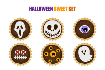 A fun Halloween-themed chocolate cookie dessert set featuring ghosts, pumpkins, spiders, eyeballs, mummies, and monsters. Perfect for seasonal food, parties, and decorations. Vector illustration.
