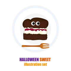 Cute Halloween Chocolate Cream Cake with Cartoon Eyes, Served on a Plate with a Fork. Fun and Spooky Dessert Vector Illustration, Perfect for Spooky Holidays, Halloween Treats, and Festival Design.