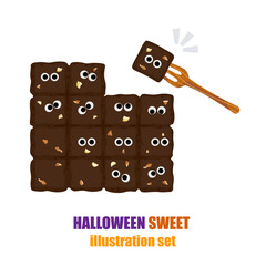 Dessert set, Cute Halloween-themed square brownies decorated with cartoon eyes and fun poses. Perfect for party menus, spooky desserts, vector illustrations for kids, and seasonal food designs.