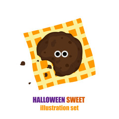 Funny Halloween Chocolate Cookies Decorated with Cartoon Eyes on a Yellow Checkered Napkin. Cute and adorable design, perfect for spooky holiday treats and a festive vector illustration set.