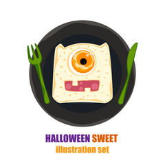 Hilarious Halloween Toasts With Monster Faces and Sharp Teeth. Cute cartoon toasts are perfect for spooky food decorations, party invitations, seasonal menus, and Halloween content for kids.