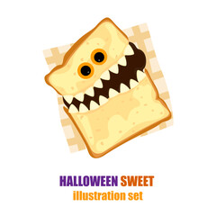 Hilarious Halloween Toasts With Monster Faces and Sharp Teeth. Cute cartoon toasts are perfect for spooky food decorations, party invitations, seasonal menus, and Halloween content for kids.