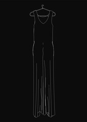 A black and white dress contour drawing on a mannequin displays intricate lines, elegant curves, and a detailed design. The stylish garment stands out against a dark background, creating a striking.