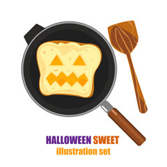 Hilarious Halloween Toasts With Monster Faces and Sharp Teeth. Cute cartoon toasts are perfect for spooky food decorations, party invitations, seasonal menus, and Halloween content for kids.