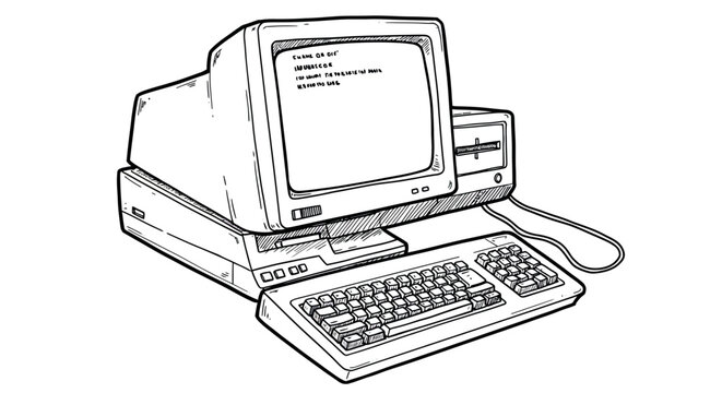 Retro computer drawing with vintage keyboard and monitor in black and white sketch style