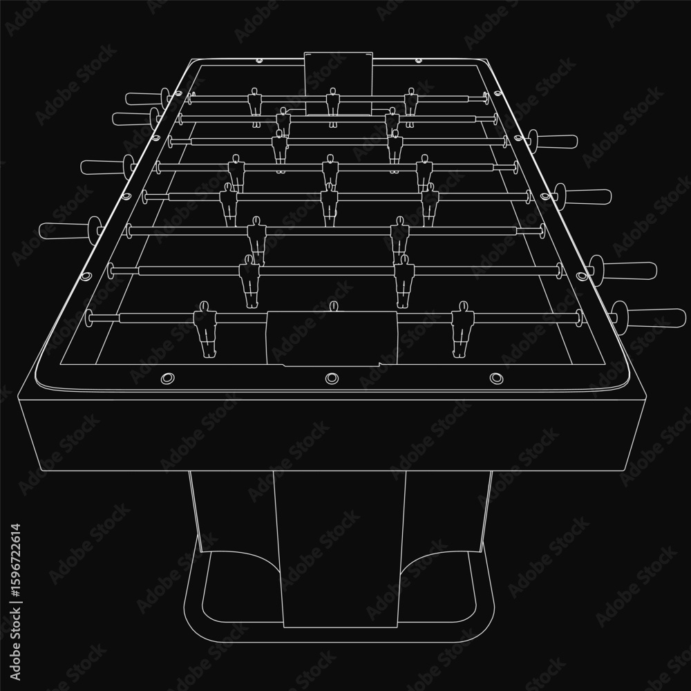 Poster a 3d model of a foosball table on a black background features a rectangular wooden frame with glossy