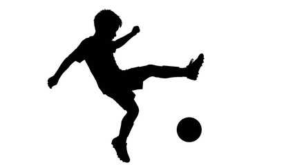 Dynamic soccer player silhouette kicking ball on white background
