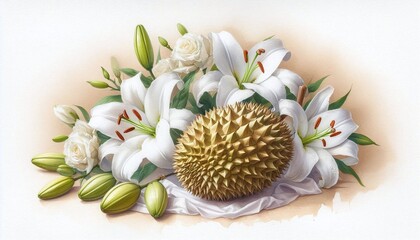 Durian with White Lilies Botanical Still Life Watercolor Art