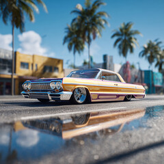 Vibrant lowrider cruising on a sundrenched street with palm trees. Nostalgic, powerful, and cool. Perfect for automotive, travel, or design themes.