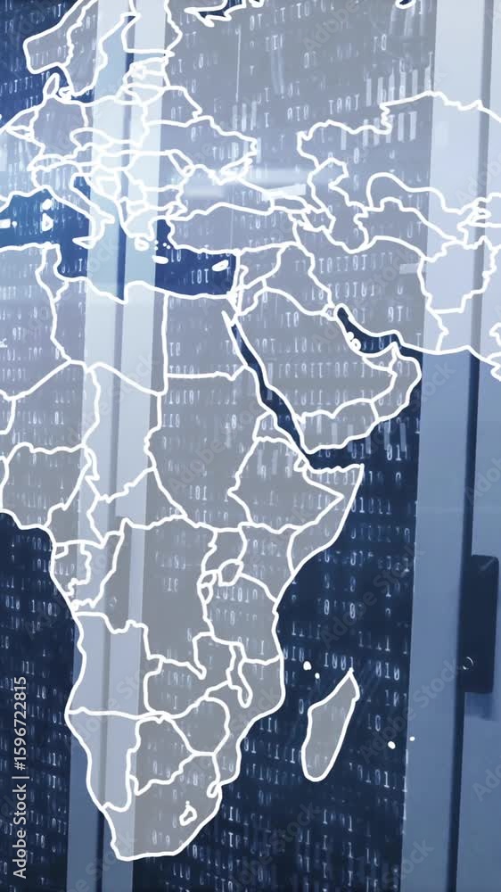 Aufkleber animation of global network connections overlaying world map on data servers