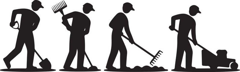 Gardeners silhouette performing various yard maintenance activities