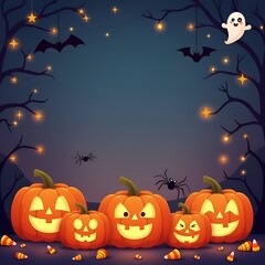 Cute Halloween Illustration for Kids with Carved Pumpkins and Copy Space – High Quality