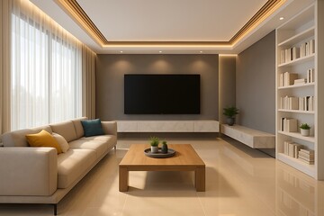 Modern living room design ideas with beige sofa and tv wall for home interior inspiration decor trends on transparent background