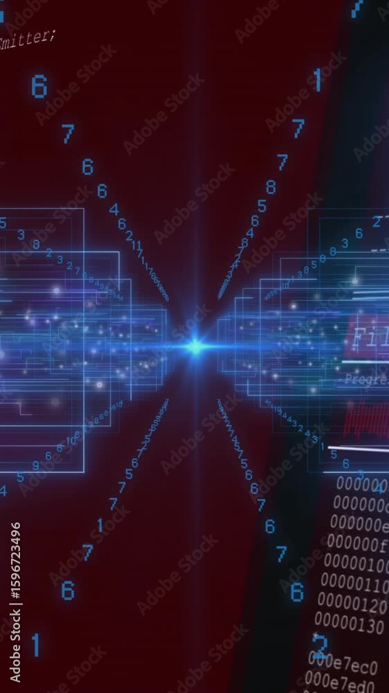 Poster numbers and code animating on red background, digital encryption and data processing