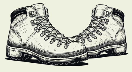 Detailed hiking boots in vintage hand-drawn style for outdoor adventure design