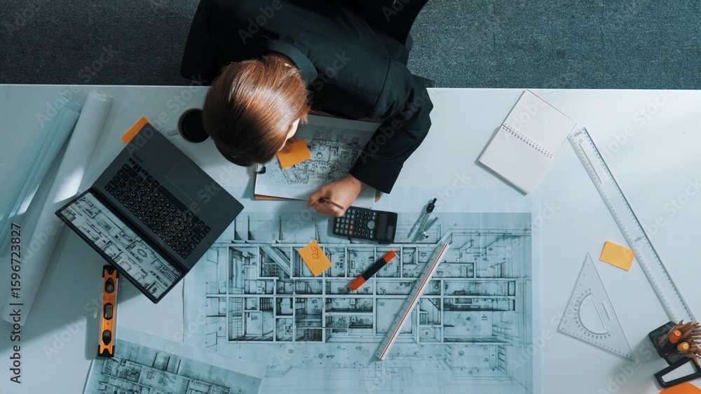 Poster top view of architect engineer drink coffee and draw blueprint at meeting table with equipment and s