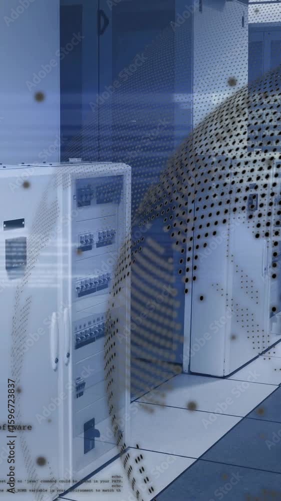 Poster data processing animation over server room with digital world map overlay