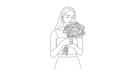Obraz premium Minimalist line art woman holding flowers with calm expression