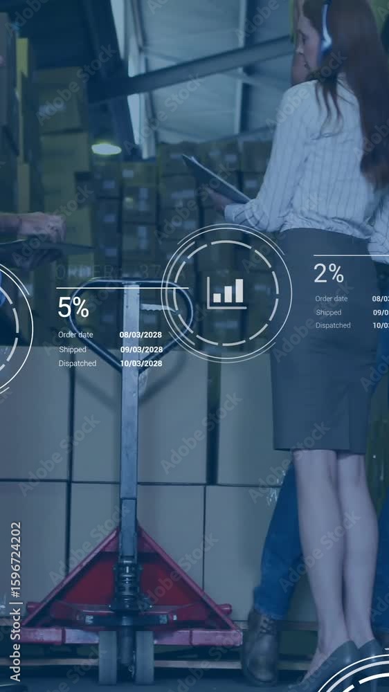 Poster discussing logistics, warehouse workers with data processing animation overlay in background