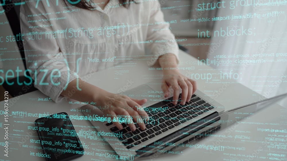 Poster a person is focused on typing on a laptop with a digital code overlay, representing technology and p