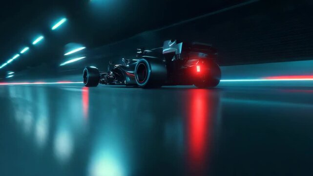 Formula High-speed racing car in a futuristic tunnel with vibrant neon lights and reflective surfaces