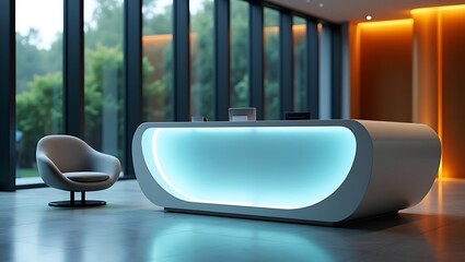 Modern reception desk design for office lobby with chair and lighting interior design inspiration on transparent background