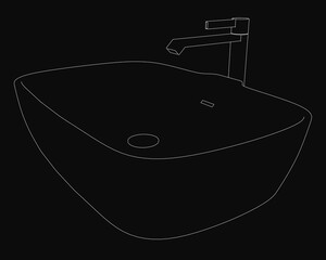 A black and white contour drawing of a bathroom sink with a sleek tap, isolated on a dark background. The minimalist design highlights clean lines and simple shapes.