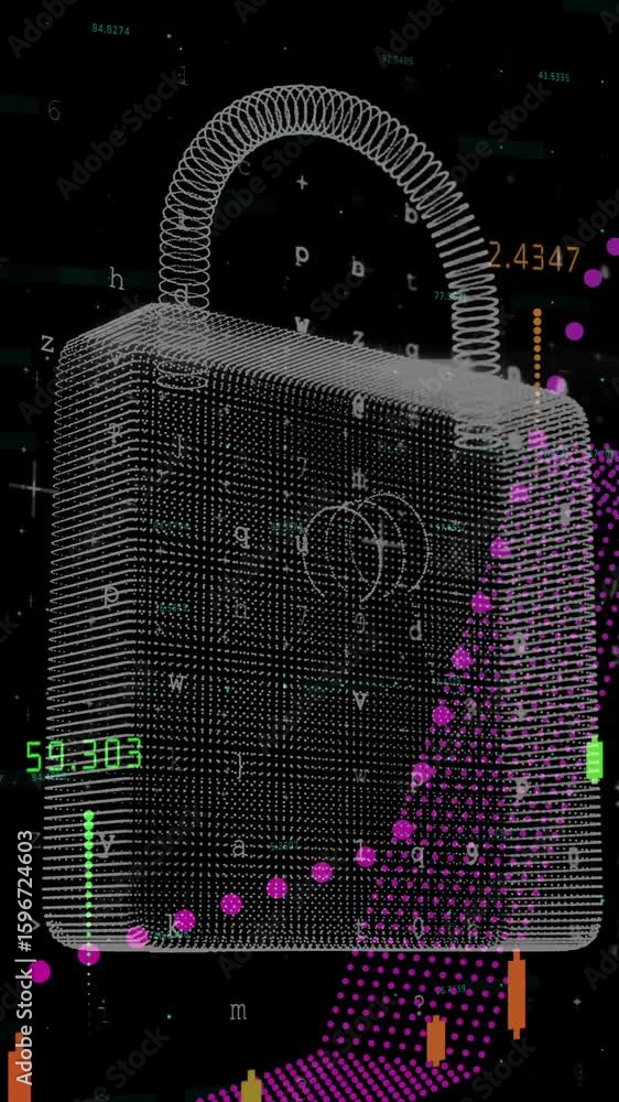 Poster digital padlock over financial data and stock market graph animation