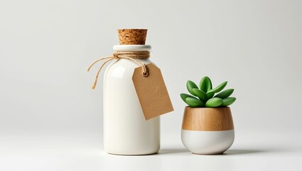 White Ceramic Bottle with Cork and Tag, Beside a Succulent in a Wooden Pot