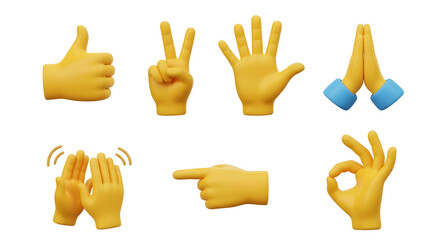 Fototapeta premium 3D illustration of seven yellow hand emojis with various gestures including thumbs up, peace sign, open palm, prayer hands, clapping, pointing, and OK sign on transparent background