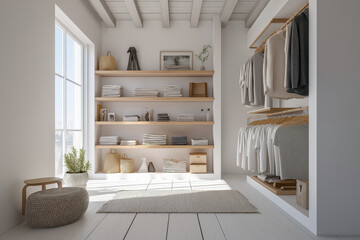 Light-filled walk-in closet with Scandinavian design, white walls, natural wood shelves and minimal accessories.