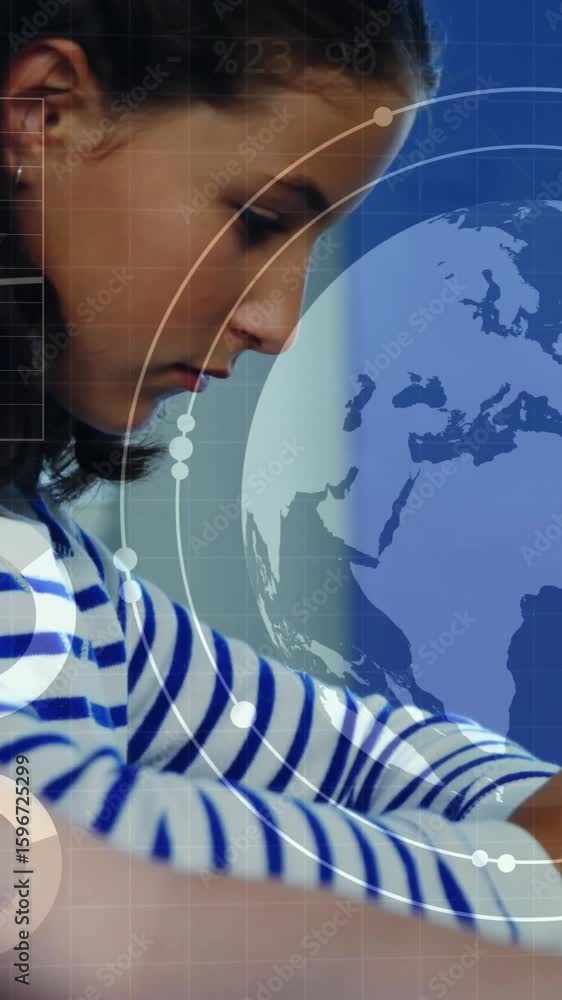 Poster children using tablets with digital globe and data processing animation overlay
