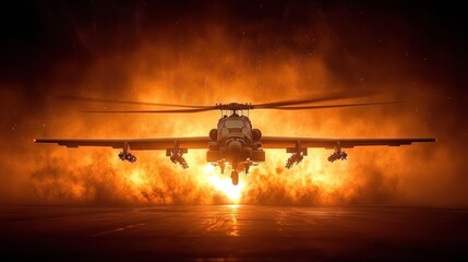Apache Helicopter in Fiery Sunset