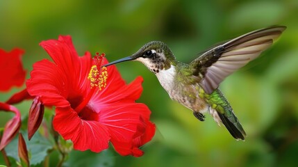 Naklejka premium Hummingbird Feeding on Vibrant Red Hibiscus Flower in Nature