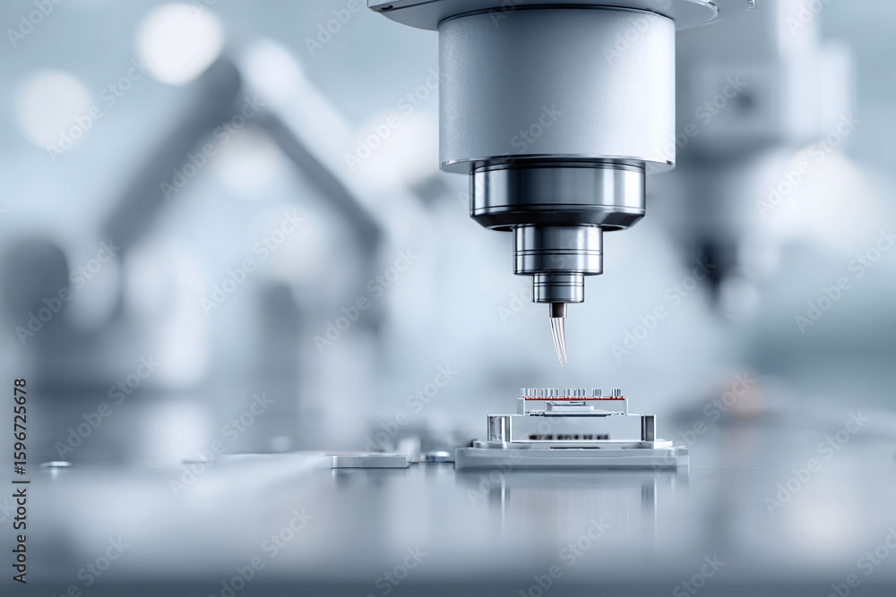Poster precision robot assembling microchips in a hightech factory. illustrates automation, innovation, eng