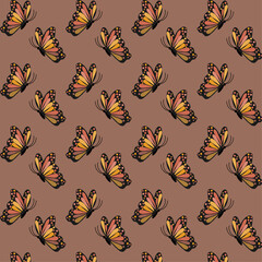 Seamless Butterfly Pattern with Monarch Butterflies on Brown Background