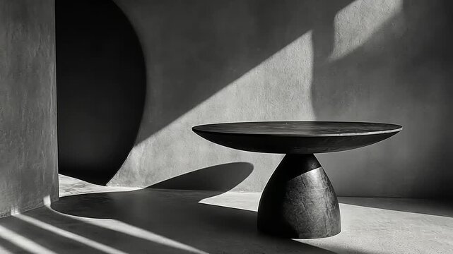 Minimalist composition featuring dark table set against architecturaI backdrop with subtle light play