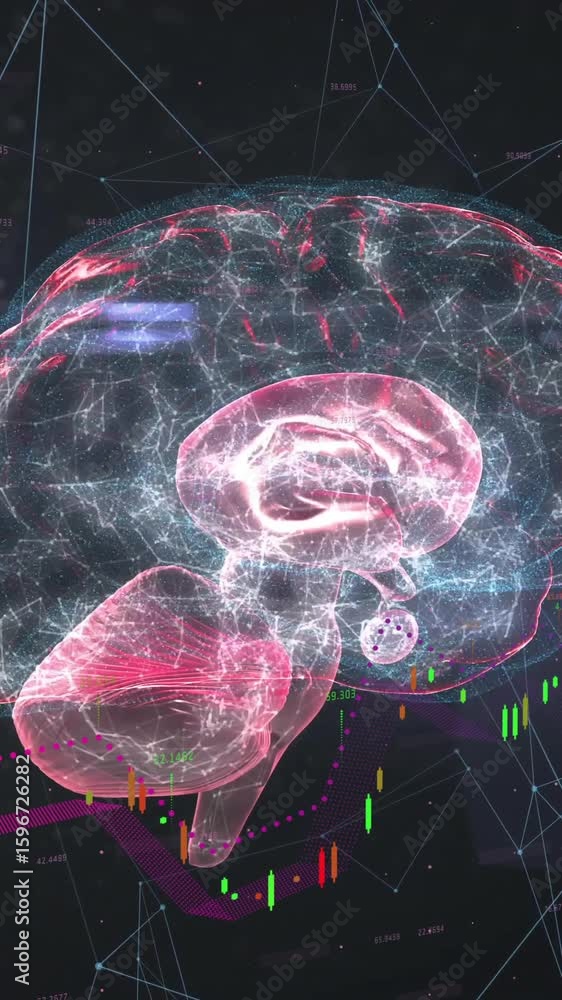 Poster animation of digital brain with financial graphs and network connections behind