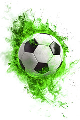 A dynamic soccer ball surrounded by vibrant green smoke, symbolizing energy and movement