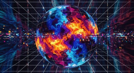 Abstract Sphere with Flowing Colorful Flames and Gridded Background