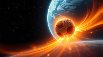 soccer ball in space, flying by the earth