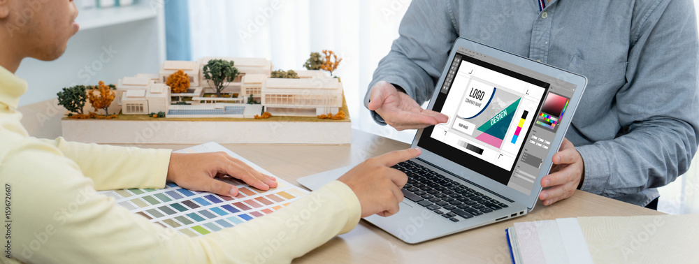Aufkleber graphic designer software for modern design of web page and commercial brisk ads showing on the comp