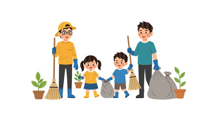 Adobe illustrator artwork vector illustration of a happy family gardening together outdoors, promoting eco-friendly lifestyle, teamwork, sustainability, nature care.