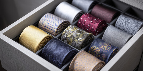 Small pull-out drawer with neatly rolled ties and pocket squares, close-up detail.