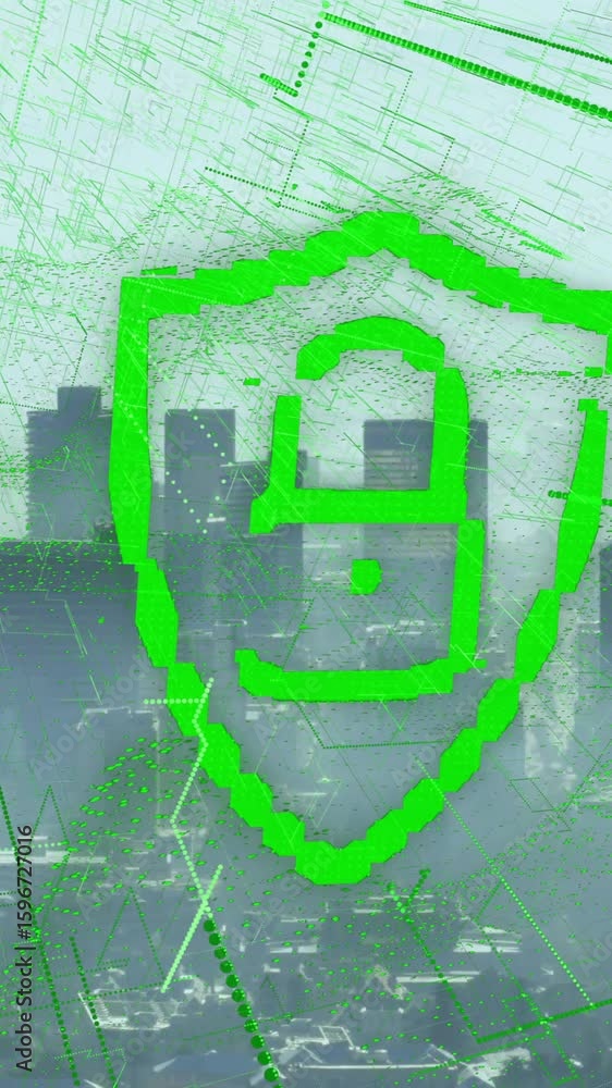 Poster digital security lock animation over cityscape with green data patterns
