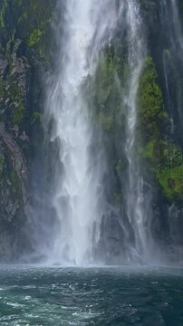 Majestic waterfall cascading in Milford Sound, New Zealand