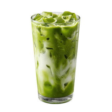 Refreshing glass of iced matcha latte with creamy layers and ice cubes isolated on white 
